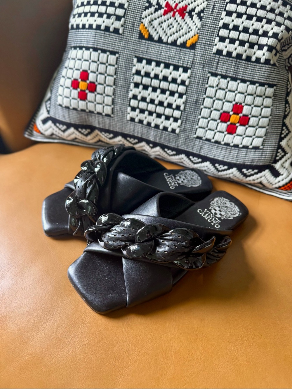 Vince Camuto Black Braided Chain Slide Sandals